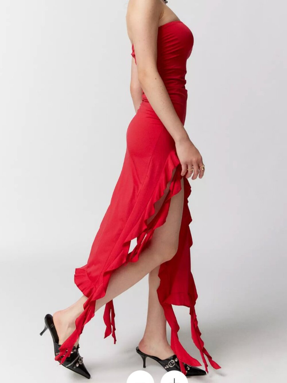 Lioness Rendezvous Strapless Ruffle Red Midi Dress from Urban Outfitters